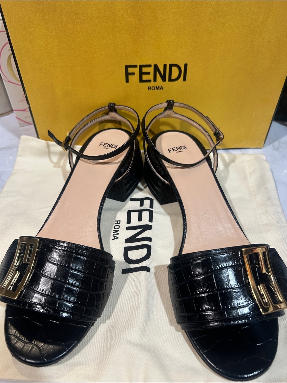 Fendi Promenade Black Croc-Embossed Leather Ankle-Strap Sandals with Gold Buckle